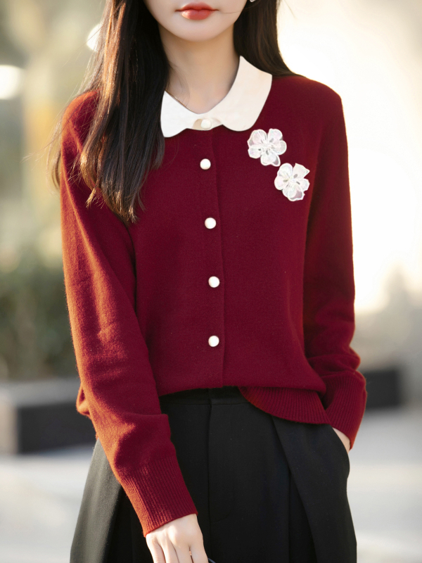 Cardigan din tricot în stil franțuzesc, guler tip păpușă, broderie florală tridimensională, croială lejeră, mâneci lungi