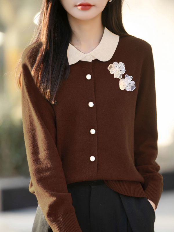 Cardigan din tricot în stil franțuzesc, guler tip păpușă, broderie florală tridimensională, croială lejeră, mâneci lungi