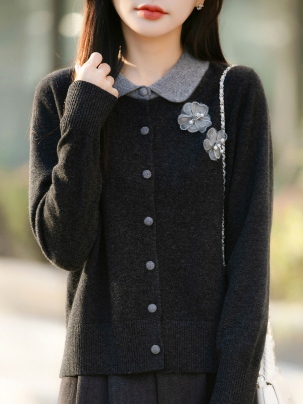 Cardigan din tricot în stil franțuzesc, guler tip păpușă, broderie florală tridimensională, croială lejeră, mâneci lungi