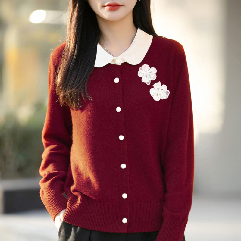 Cardigan din tricot în stil franțuzesc, guler tip păpușă, broderie florală tridimensională, croială lejeră, mâneci lungi