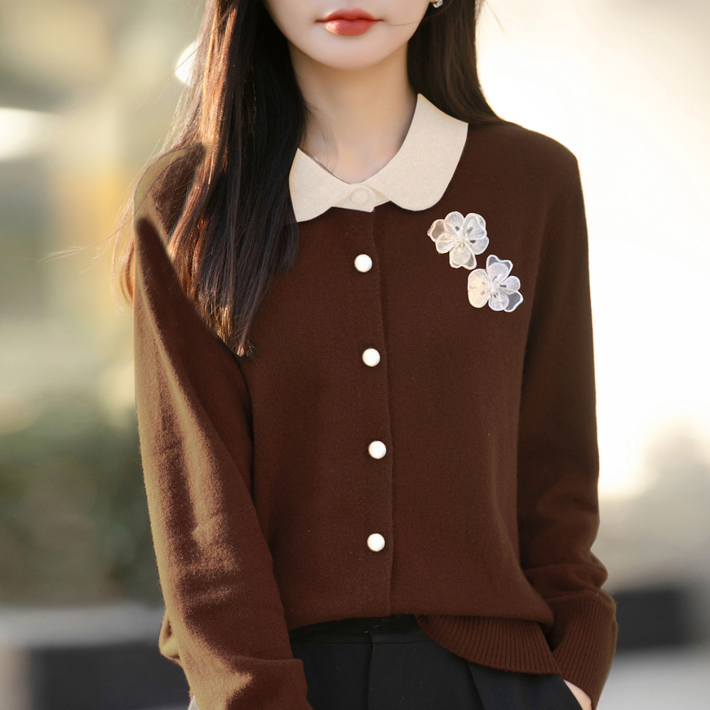 Cardigan din tricot în stil franțuzesc, guler tip păpușă, broderie florală tridimensională, croială lejeră, mâneci lungi