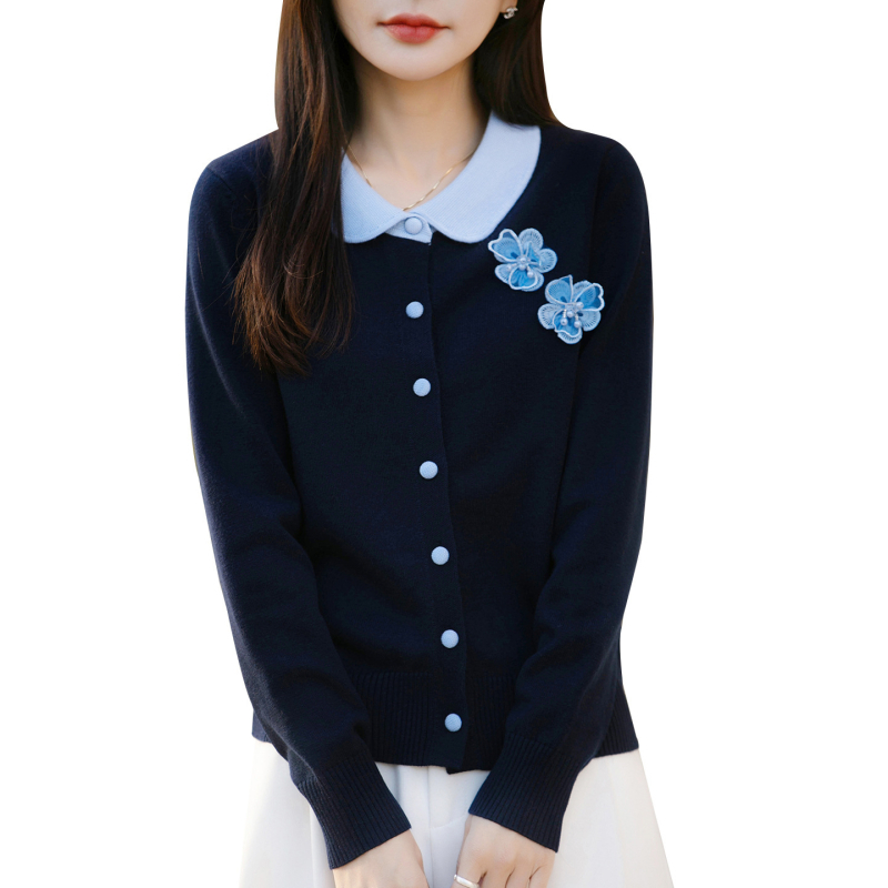 Cardigan din tricot în stil franțuzesc, guler tip păpușă, broderie florală tridimensională, croială lejeră, mâneci lungi