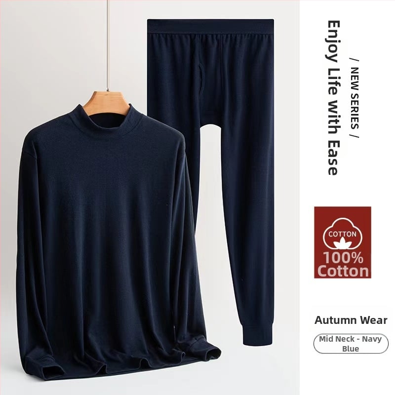 Set termic pentru bărbați, 100% bumbac, căptușeală de bumbac, dintr-un singur strat, grosime moderată, căldură superioară