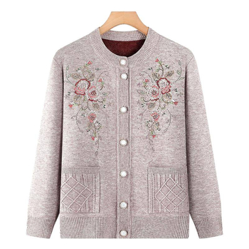 Žieminis megztinis kardiganas vyresnio amžiaus žmonėms, poliesteris, laisvas kirpimas, apvalus kaklas, ilgos rankovės, elegantiškas miesto stilius