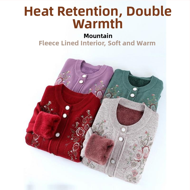 Žieminis megztinis kardiganas vyresnio amžiaus žmonėms, poliesteris, laisvas kirpimas, apvalus kaklas, ilgos rankovės, elegantiškas miesto stilius