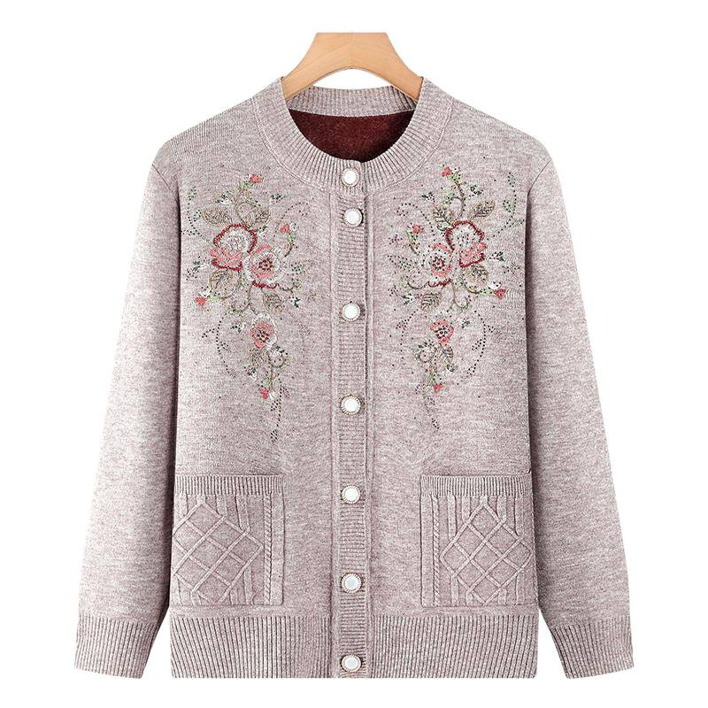 Žieminis megztinis kardiganas vyresnio amžiaus žmonėms, poliesteris, laisvas kirpimas, apvalus kaklas, ilgos rankovės, elegantiškas miesto stilius