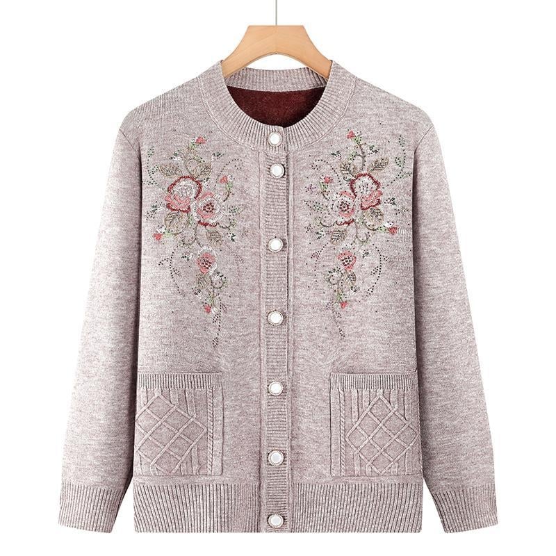 Žieminis megztinis kardiganas vyresnio amžiaus žmonėms, poliesteris, laisvas kirpimas, apvalus kaklas, ilgos rankovės, elegantiškas miesto stilius