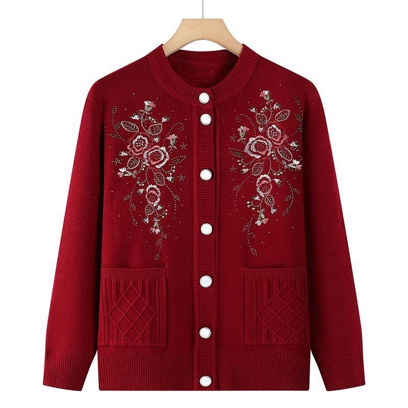 Žieminis megztinis kardiganas vyresnio amžiaus žmonėms, poliesteris, laisvas kirpimas, apvalus kaklas, ilgos rankovės, elegantiškas miesto stilius