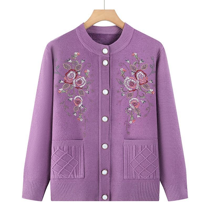 Žieminis megztinis kardiganas vyresnio amžiaus žmonėms, poliesteris, laisvas kirpimas, apvalus kaklas, ilgos rankovės, elegantiškas miesto stilius