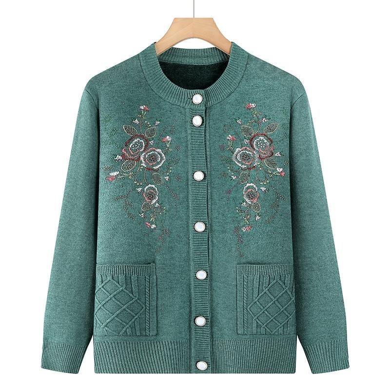 Žieminis megztinis kardiganas vyresnio amžiaus žmonėms, poliesteris, laisvas kirpimas, apvalus kaklas, ilgos rankovės, elegantiškas miesto stilius