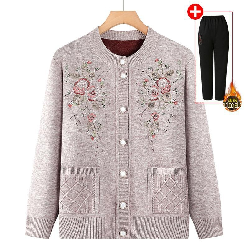 Žieminis megztinis kardiganas vyresnio amžiaus žmonėms, poliesteris, laisvas kirpimas, apvalus kaklas, ilgos rankovės, elegantiškas miesto stilius