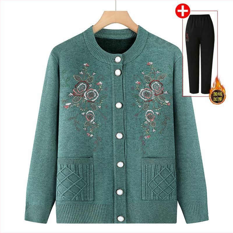 Žieminis megztinis kardiganas vyresnio amžiaus žmonėms, poliesteris, laisvas kirpimas, apvalus kaklas, ilgos rankovės, elegantiškas miesto stilius