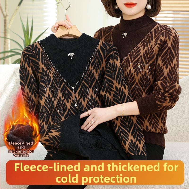 Megztinis su apvaliu kaklu, vidutinio ilgio, ilgomis rankovėmis, abstraktus raštas, poliesterio audinys