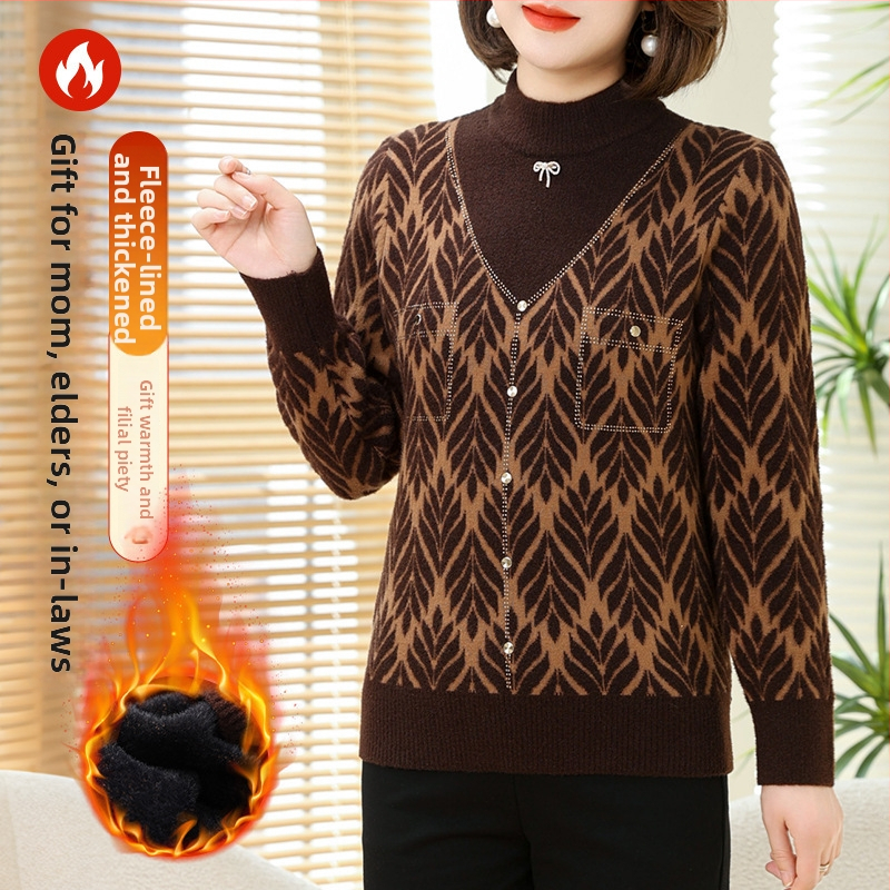 Megztinis su apvaliu kaklu, vidutinio ilgio, ilgomis rankovėmis, abstraktus raštas, poliesterio audinys