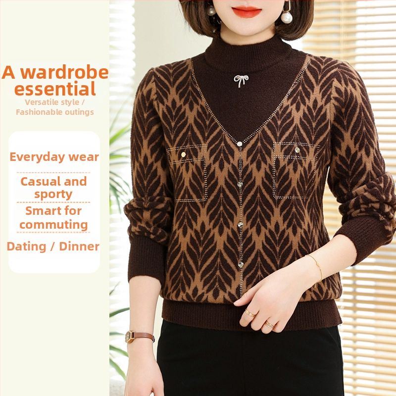 Megztinis su apvaliu kaklu, vidutinio ilgio, ilgomis rankovėmis, abstraktus raštas, poliesterio audinys