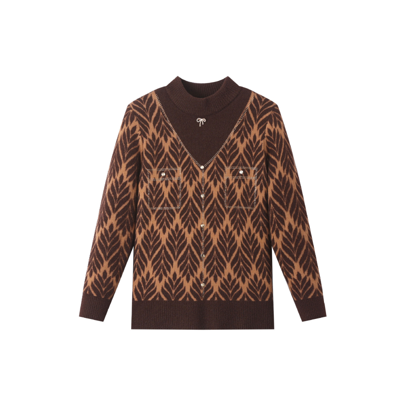 Megztinis su apvaliu kaklu, vidutinio ilgio, ilgomis rankovėmis, abstraktus raštas, poliesterio audinys