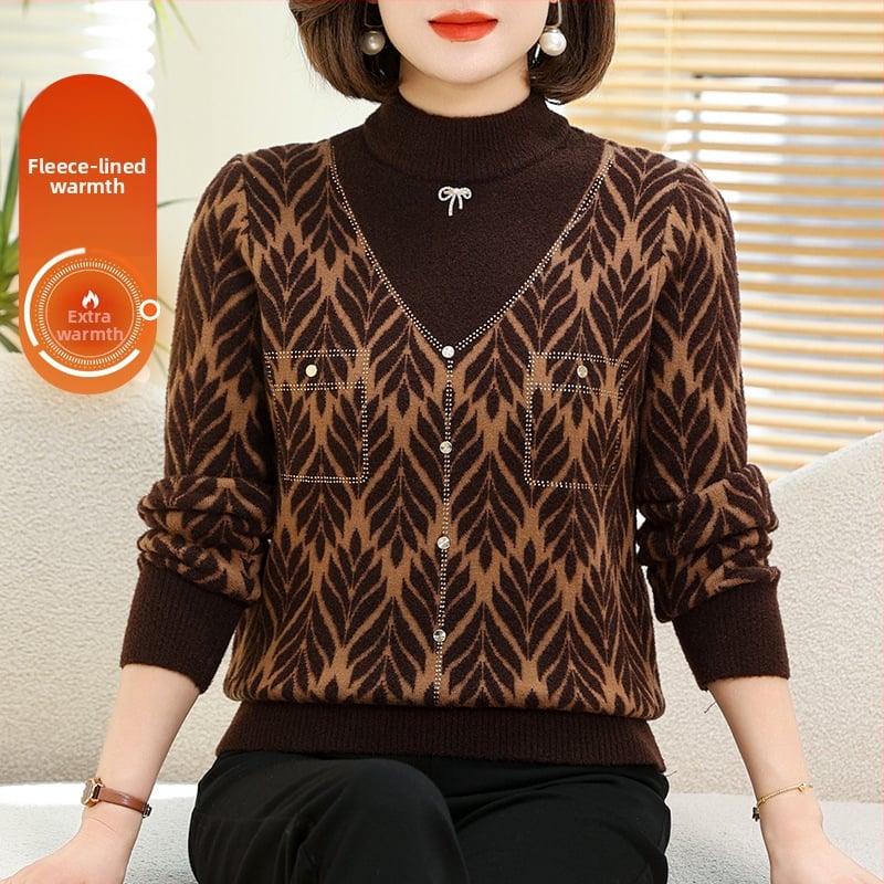 Megztinis su apvaliu kaklu, vidutinio ilgio, ilgomis rankovėmis, abstraktus raštas, poliesterio audinys