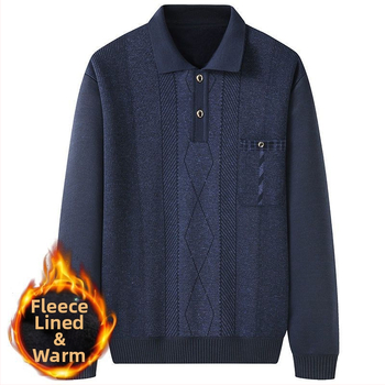 Pulover tricotat pentru bărbați, căptușit cu fleece, guler stil cămașă, croială lejeră, mâneci lungi, gros, poliester cu blană de iepure