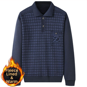 Pulover tricotat pentru bărbați, căptușit cu fleece, guler stil cămașă, croială lejeră, mâneci lungi, gros, poliester cu blană de iepure