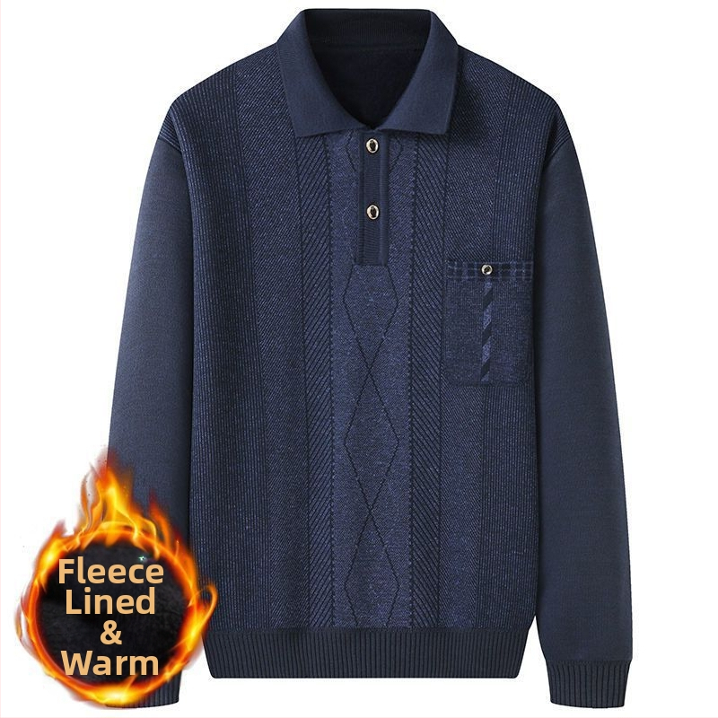 Pulover tricotat pentru bărbați, căptușit cu fleece, guler stil cămașă, croială lejeră, mâneci lungi, gros, poliester cu blană de iepure