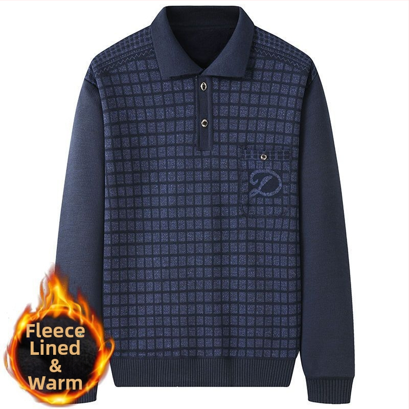 Pulover tricotat pentru bărbați, căptușit cu fleece, guler stil cămașă, croială lejeră, mâneci lungi, gros, poliester cu blană de iepure