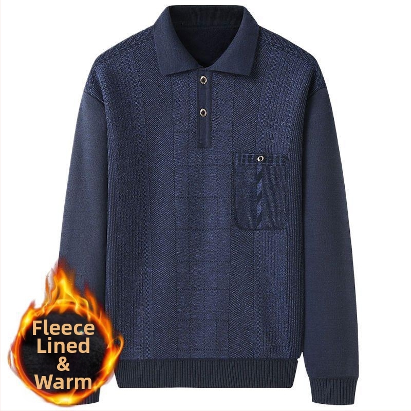 Pulover tricotat pentru bărbați, căptușit cu fleece, guler stil cămașă, croială lejeră, mâneci lungi, gros, poliester cu blană de iepure