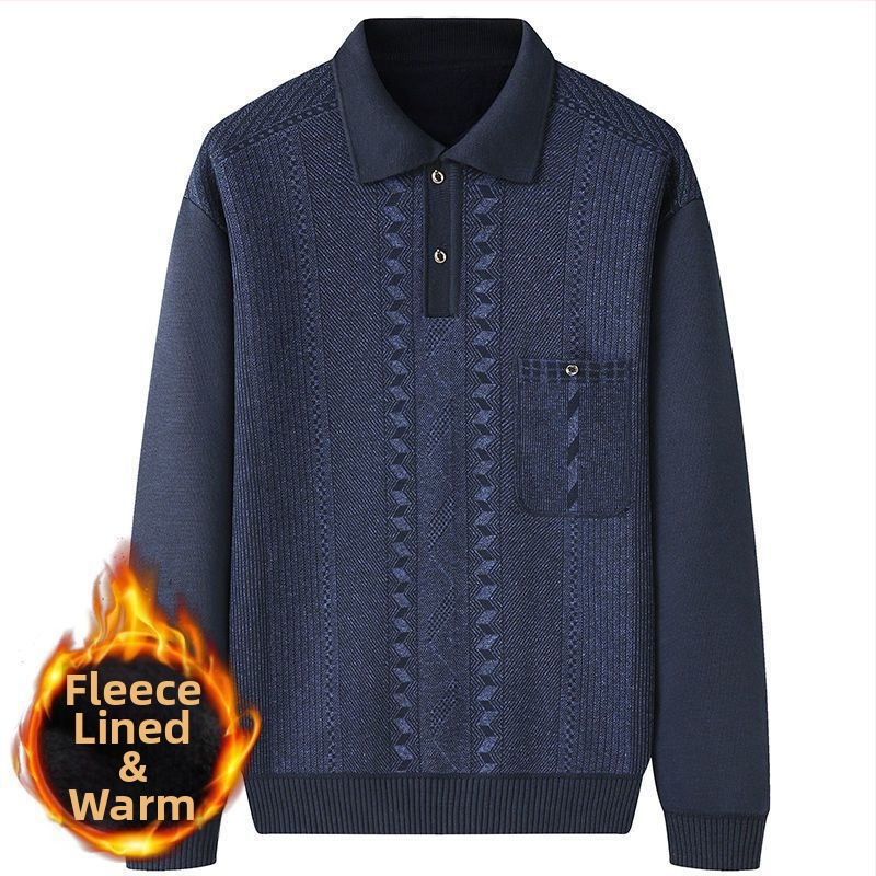 Pulover tricotat pentru bărbați, căptușit cu fleece, guler stil cămașă, croială lejeră, mâneci lungi, gros, poliester cu blană de iepure