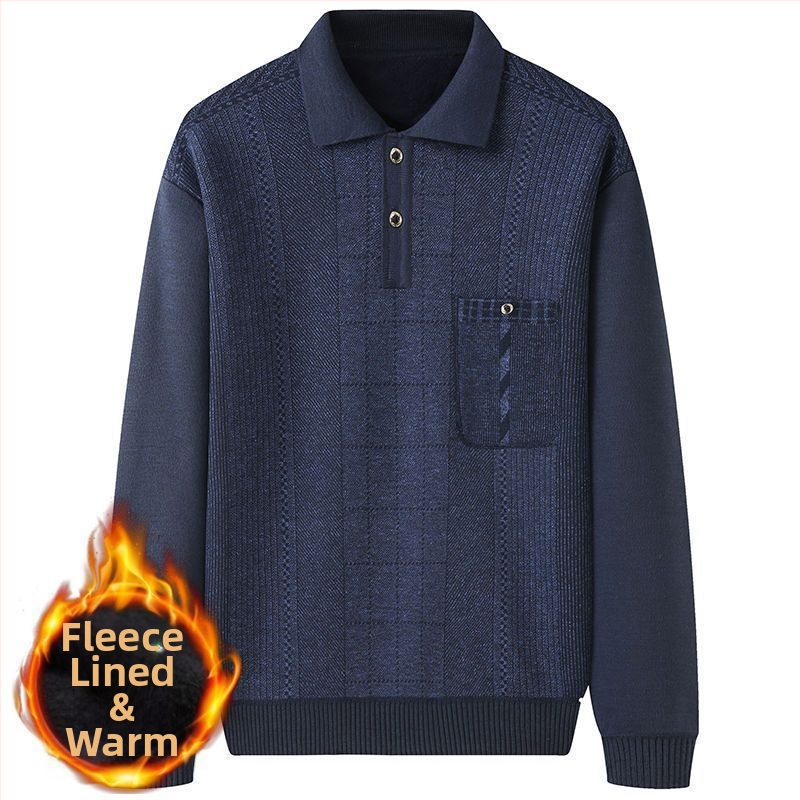 Pulover tricotat pentru bărbați, căptușit cu fleece, guler stil cămașă, croială lejeră, mâneci lungi, gros, poliester cu blană de iepure