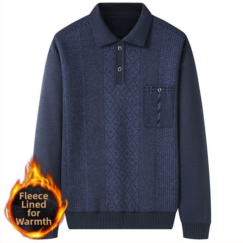 Pulover tricotat pentru bărbați, căptușit cu fleece, guler stil cămașă, croială lejeră, mâneci lungi, gros, poliester cu blană de iepure