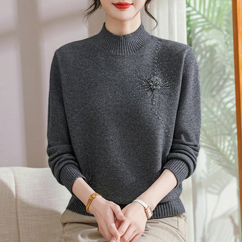 Kapuciuotas laisvo kirpimo megztinis su apvaliu kaklu, gėlėtas raštas, poliesterio-spandekso mišinys, Žiema 2025