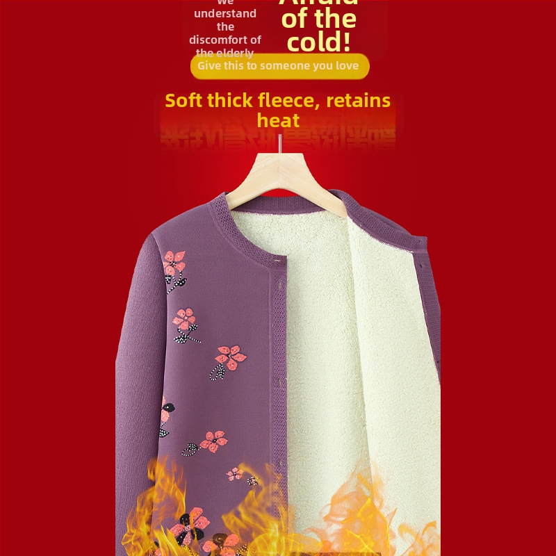 Ziemas kardigans vecākiem — poliesters, flīša odere, garas piedurknes, brīvs piegriezums, pogu aizdare