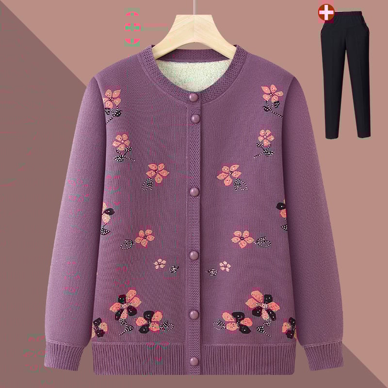 Žieminis kardiganas senjorams — polieteris, fliso pamušalas, ilgomis rankovėmis, laisvas kirpimas, užsegimas mygtukais