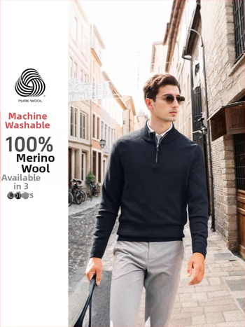 Vyriškas megztinis iš 100% vilnos, su pusaukštu kaklu, užtrauktuku, skalbiamas mašinoje