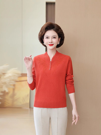 Дамски китайски стил вълнен пуловер с стояща яка, дълги ръкави, 95% вълна и спандекс