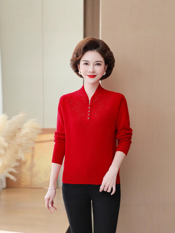 Дамски китайски стил вълнен пуловер с стояща яка, дълги ръкави, 95% вълна и спандекс