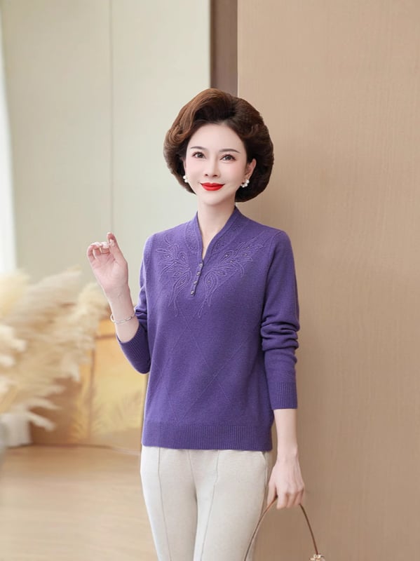 Дамски китайски стил вълнен пуловер с стояща яка, дълги ръкави, 95% вълна и спандекс