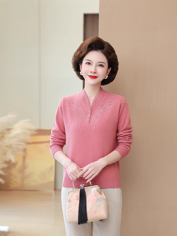 Дамски китайски стил вълнен пуловер с стояща яка, дълги ръкави, 95% вълна и спандекс