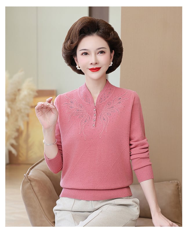 Дамски китайски стил вълнен пуловер с стояща яка, дълги ръкави, 95% вълна и спандекс