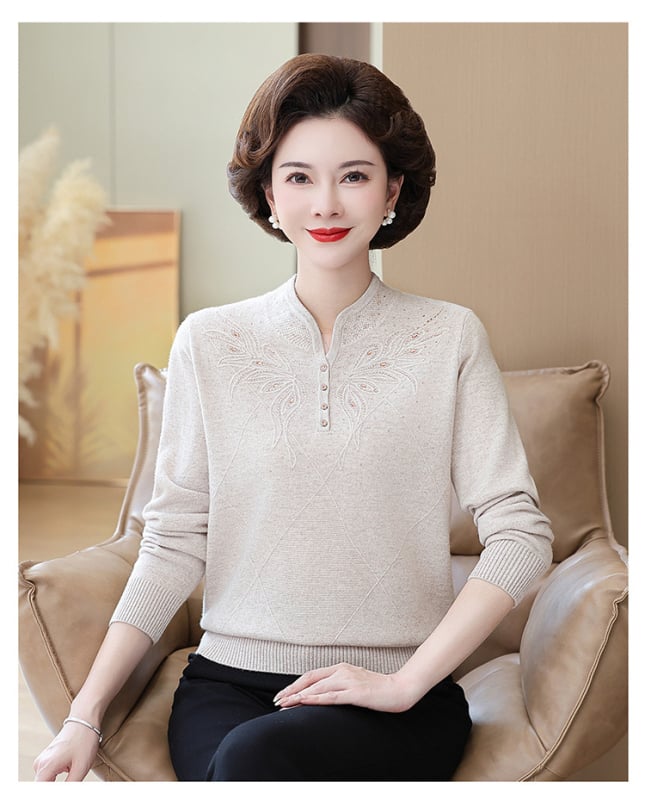 Дамски китайски стил вълнен пуловер с стояща яка, дълги ръкави, 95% вълна и спандекс