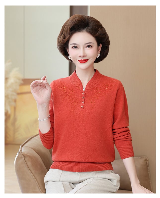 Дамски китайски стил вълнен пуловер с стояща яка, дълги ръкави, 95% вълна и спандекс