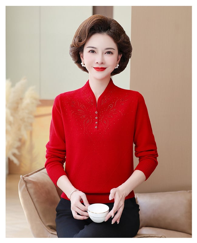 Дамски китайски стил вълнен пуловер с стояща яка, дълги ръкави, 95% вълна и спандекс