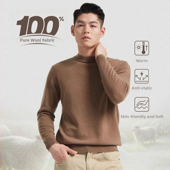 Vyrinis megztinis iš 100% vilnos, apvali kaklo linija, ilgos rankovės, kasdienis pagrindinis megztinis rudeniui