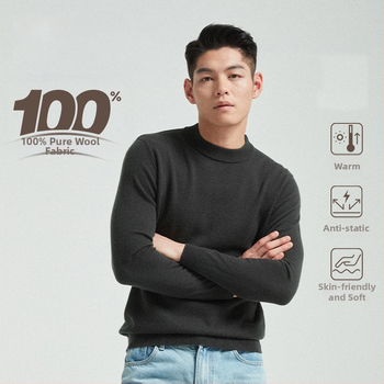 Vyrinis megztinis iš 100% vilnos, apvali kaklo linija, ilgos rankovės, kasdienis pagrindinis megztinis rudeniui