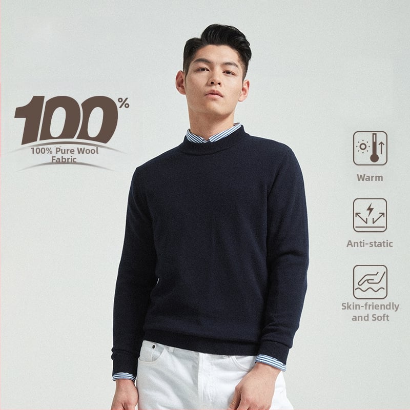 Vyrinis megztinis iš 100% vilnos, apvali kaklo linija, ilgos rankovės, kasdienis pagrindinis megztinis rudeniui