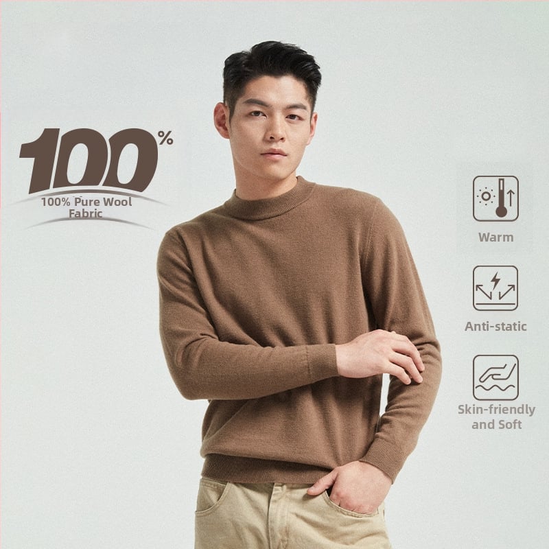 Vyrinis megztinis iš 100% vilnos, apvali kaklo linija, ilgos rankovės, kasdienis pagrindinis megztinis rudeniui