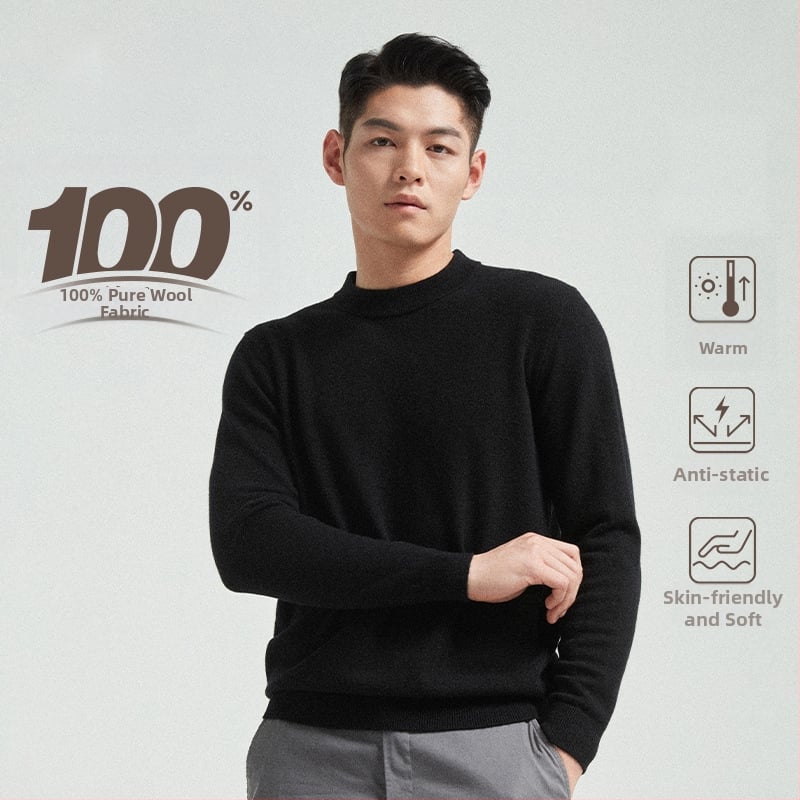Vyrinis megztinis iš 100% vilnos, apvali kaklo linija, ilgos rankovės, kasdienis pagrindinis megztinis rudeniui