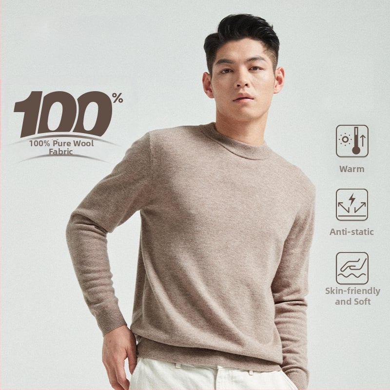 Vyrinis megztinis iš 100% vilnos, apvali kaklo linija, ilgos rankovės, kasdienis pagrindinis megztinis rudeniui