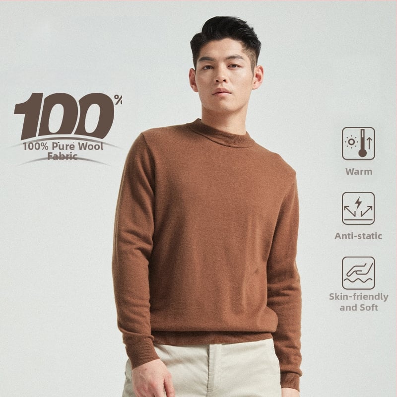 Vyrinis megztinis iš 100% vilnos, apvali kaklo linija, ilgos rankovės, kasdienis pagrindinis megztinis rudeniui