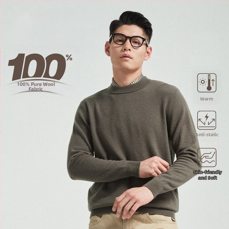 Vyrinis megztinis iš 100% vilnos, apvali kaklo linija, ilgos rankovės, kasdienis pagrindinis megztinis rudeniui