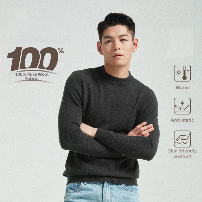 Vyrinis megztinis iš 100% vilnos, apvali kaklo linija, ilgos rankovės, kasdienis pagrindinis megztinis rudeniui
